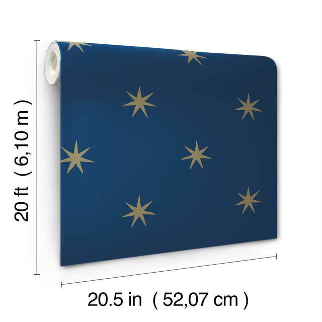 Star Splendor Navy & Metallic Gold Peel & Stick Wallpaper with Bohemian Six-Point Star Pattern - York PSW1451RL
