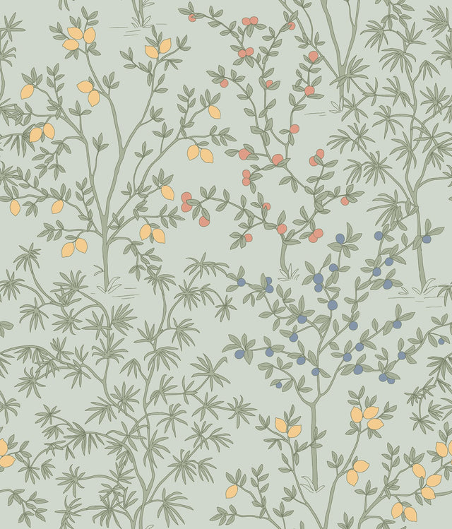 Lemon Grove Vintage Duck Egg Peel & Stick Wallpaper with Botanical Citrus Motif - York PSW1453RL