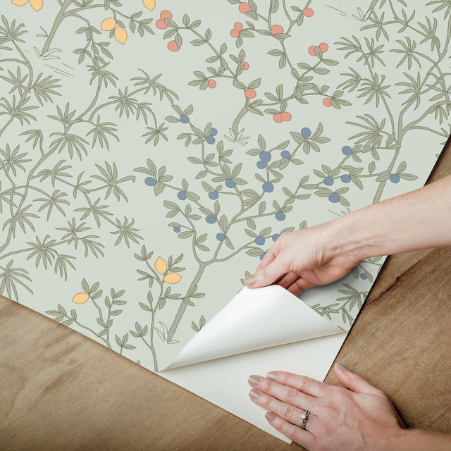 Lemon Grove Vintage Duck Egg Peel & Stick Wallpaper with Botanical Citrus Motif - York PSW1453RL