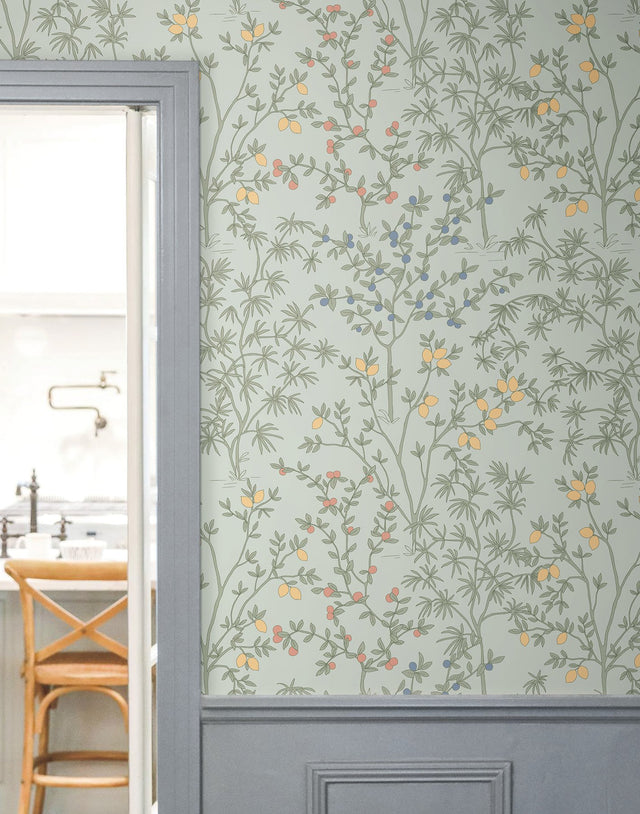 Lemon Grove Vintage Duck Egg Peel & Stick Wallpaper with Botanical Citrus Motif - York PSW1453RL