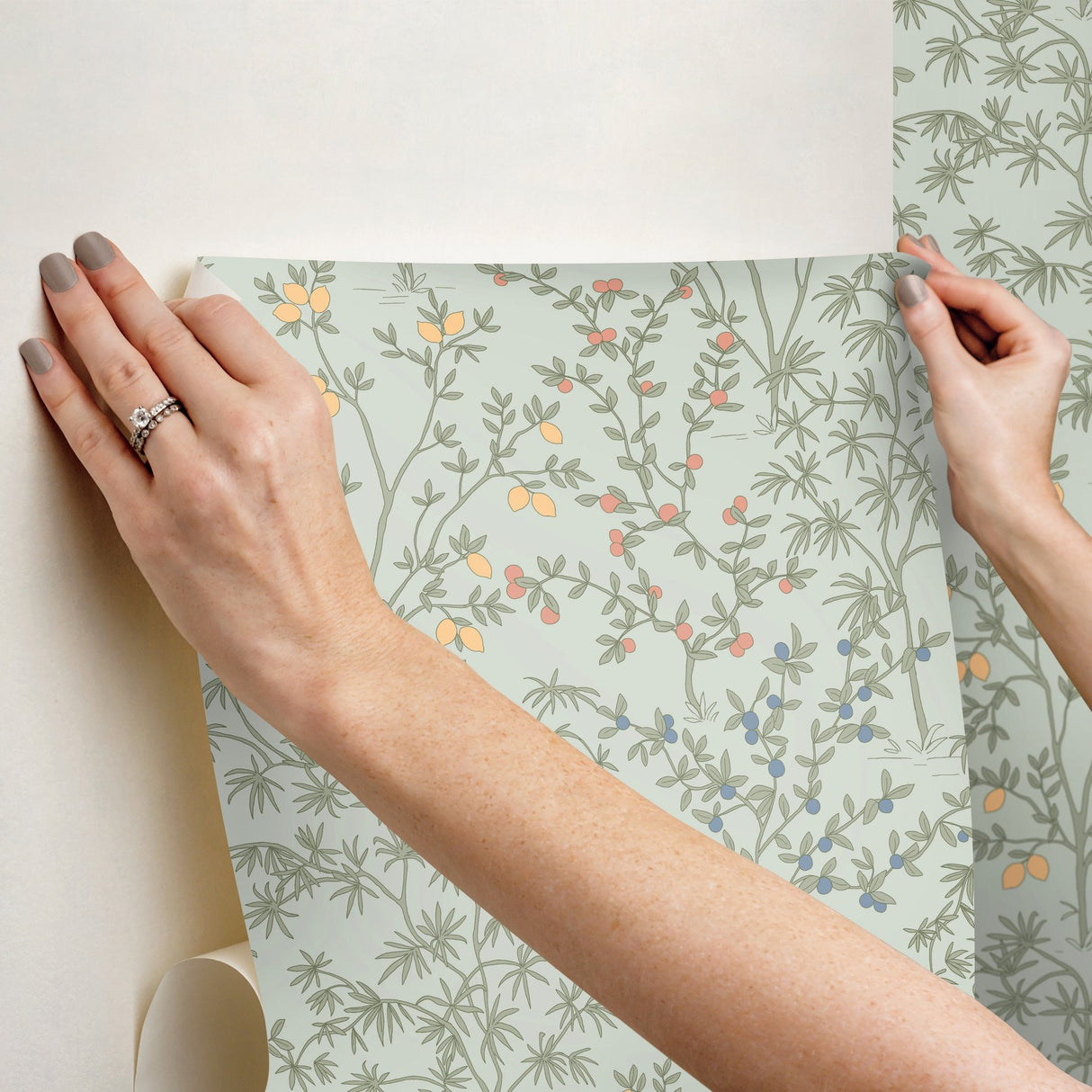 Lemon Grove Vintage Duck Egg Peel & Stick Wallpaper with Botanical Citrus Motif - York PSW1453RL