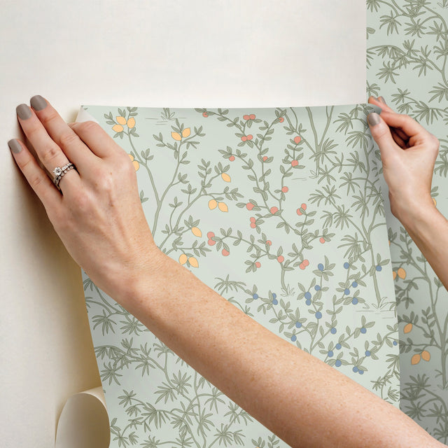 Lemon Grove Vintage Duck Egg Peel & Stick Wallpaper with Botanical Citrus Motif - York PSW1453RL