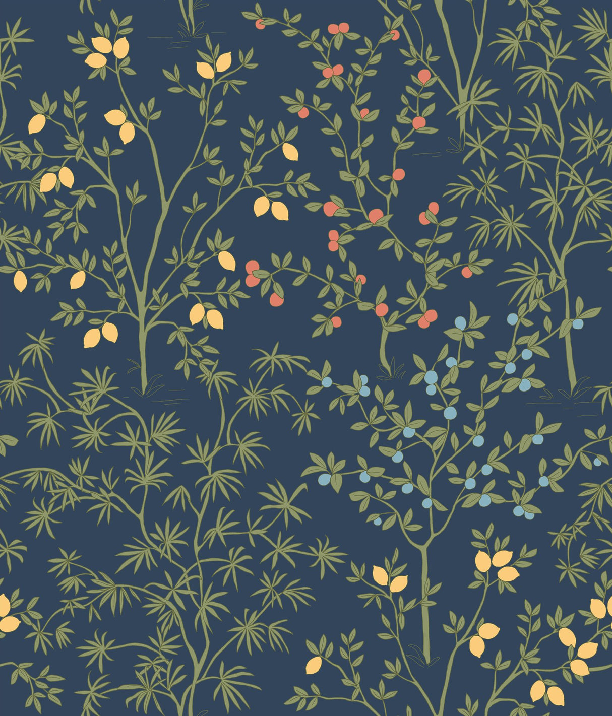 Lemon Grove Navy Peel & Stick Wallpaper with Botanical Citrus Motif - York PSW1454RL