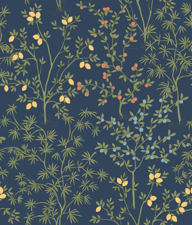 Lemon Grove Navy Peel & Stick Wallpaper with Botanical Citrus Motif - York PSW1454RL