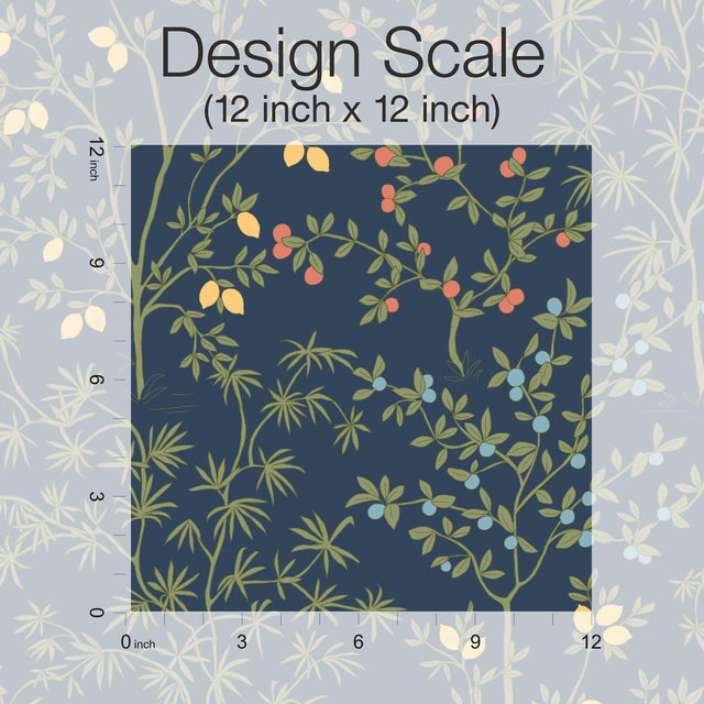 Lemon Grove Navy Peel & Stick Wallpaper with Botanical Citrus Motif - York PSW1454RL