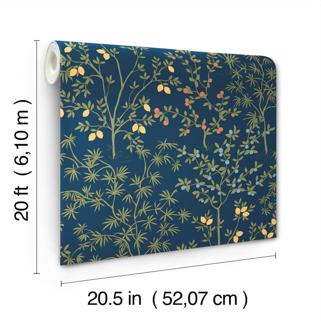 Lemon Grove Navy Peel & Stick Wallpaper with Botanical Citrus Motif - York PSW1454RL