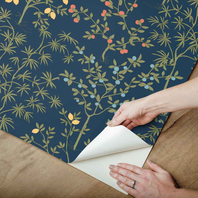 Lemon Grove Navy Peel & Stick Wallpaper with Botanical Citrus Motif - York PSW1454RL