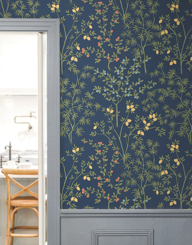 Lemon Grove Navy Peel & Stick Wallpaper with Botanical Citrus Motif - York PSW1454RL