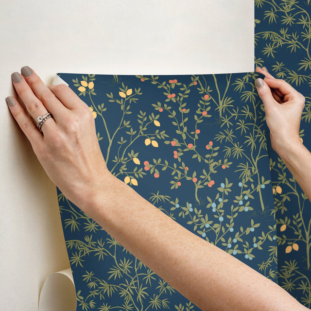 Lemon Grove Navy Peel & Stick Wallpaper with Botanical Citrus Motif - York PSW1454RL