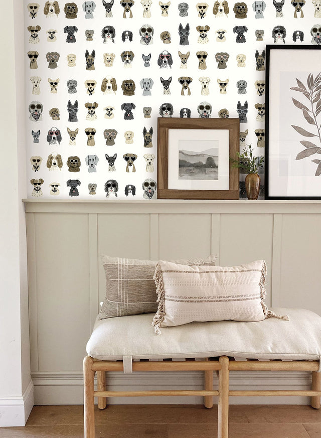 Dog Days Grey Peel & Stick Wallpaper with Novelty Dog Illustrations - York PSW1462RL