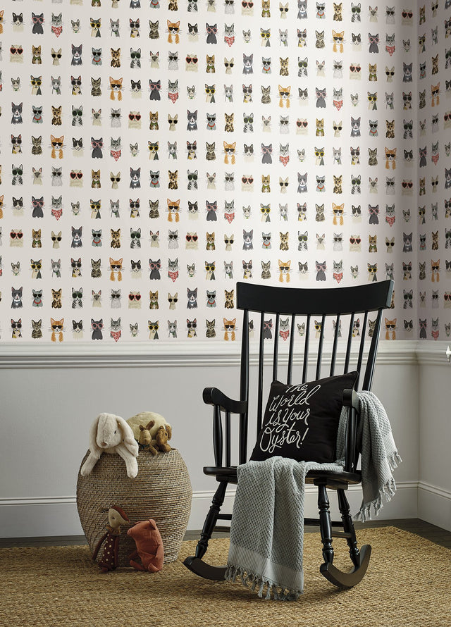 Cool Cats Multi White Peel & Stick Wallpaper with Novelty Cat Pattern - York PSW1463RL