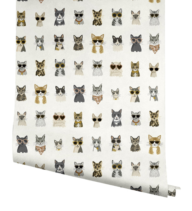 Cool Cats Grey & Gold Peel & Stick Wallpaper with Novelty Cat Portrait Pattern - York PSW1464RL