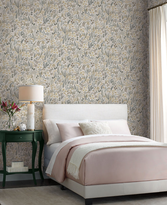 Lea Linen Peel & Stick Wallpaper with Botanical Floral Motif - York PSW1467RL