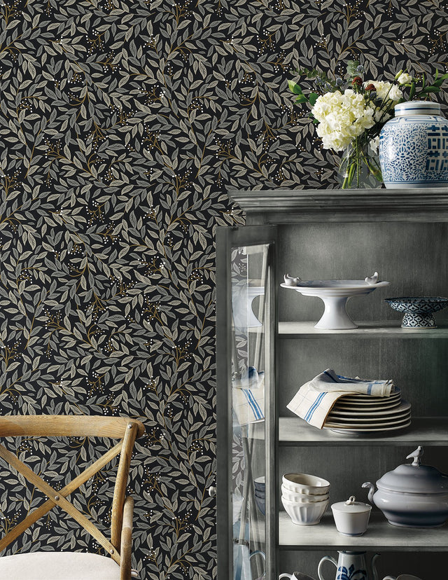 Willowberry Black Peel & Stick Wallpaper with Botanical Ivy/Vines Motif - York PSW1472RL