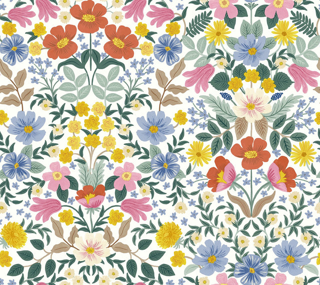 Bramble Garden White Peel & Stick Wallpaper with Floral Mirror Motif - York PSW1475RL