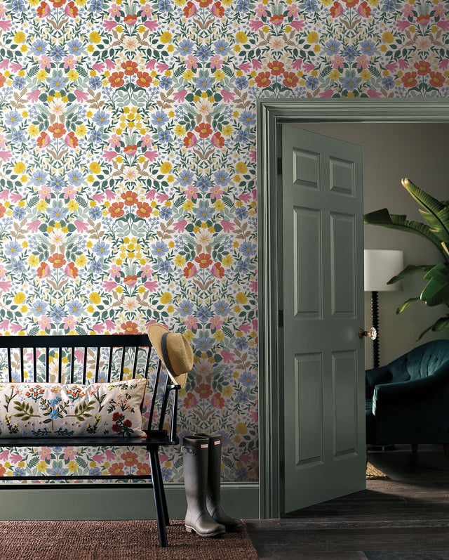 Bramble Garden White Peel & Stick Wallpaper with Floral Mirror Motif - York PSW1475RL