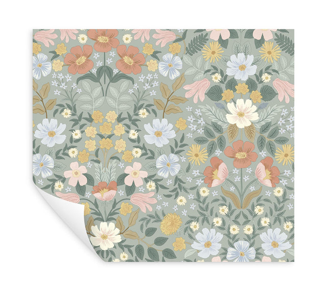 Bramble Garden Sage Peel & Stick Wallpaper with Floral Motif - York PSW1476RL