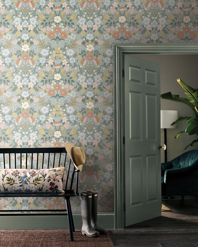 Bramble Garden Sage Peel & Stick Wallpaper with Floral Motif - York PSW1476RL