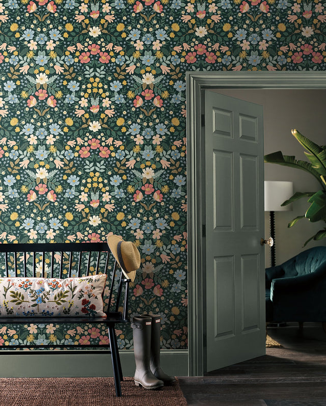 Bramble Garden Emerald Peel & Stick Wallpaper with Floral Motif - York PSW1477RL