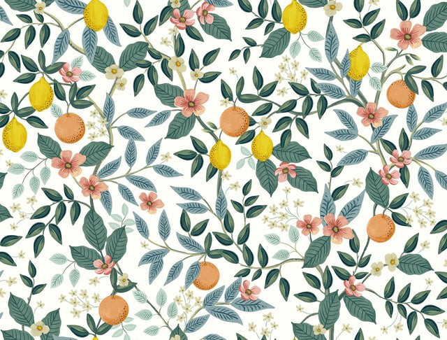 Citrus Grove White Peel & Stick Wallpaper with Botanical Citrus Motif - York PSW1479RL