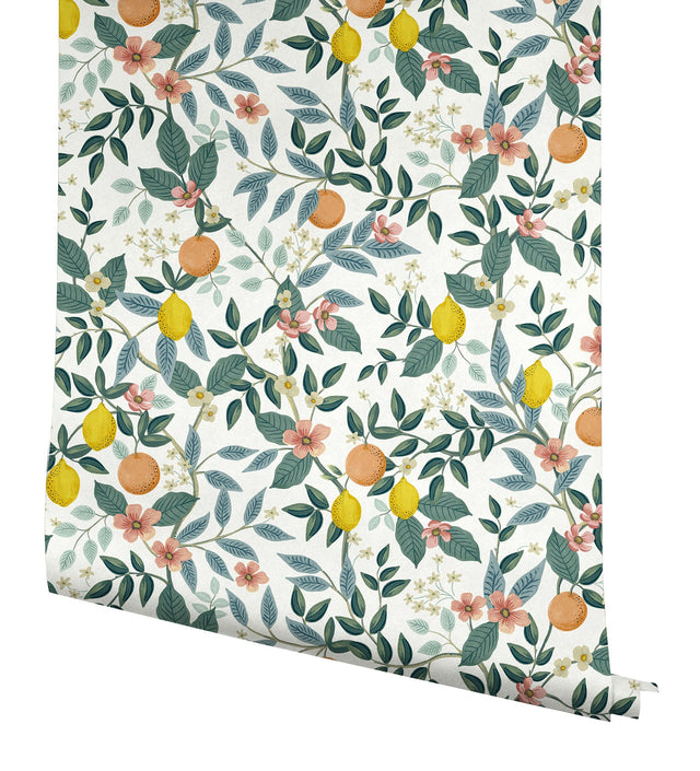 Citrus Grove White Peel & Stick Wallpaper with Botanical Citrus Motif - York PSW1479RL