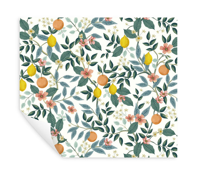 Citrus Grove White Peel & Stick Wallpaper with Botanical Citrus Motif - York PSW1479RL