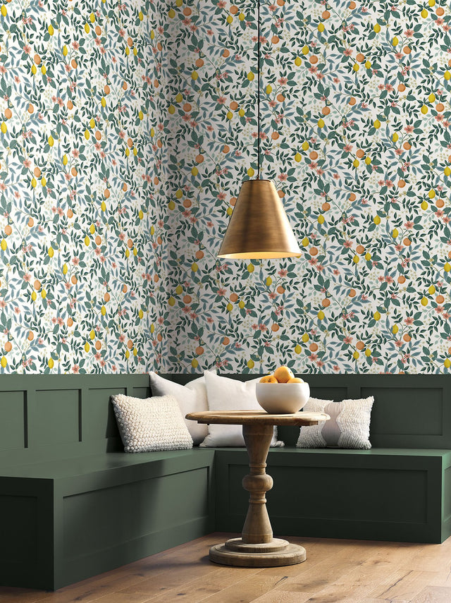 Citrus Grove White Peel & Stick Wallpaper with Botanical Citrus Motif - York PSW1479RL