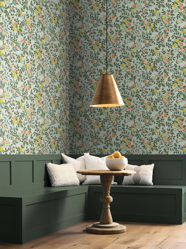 Citrus Grove Mint Peel & Stick Wallpaper with Botanical Citrus Motif - York PSW1480RL
