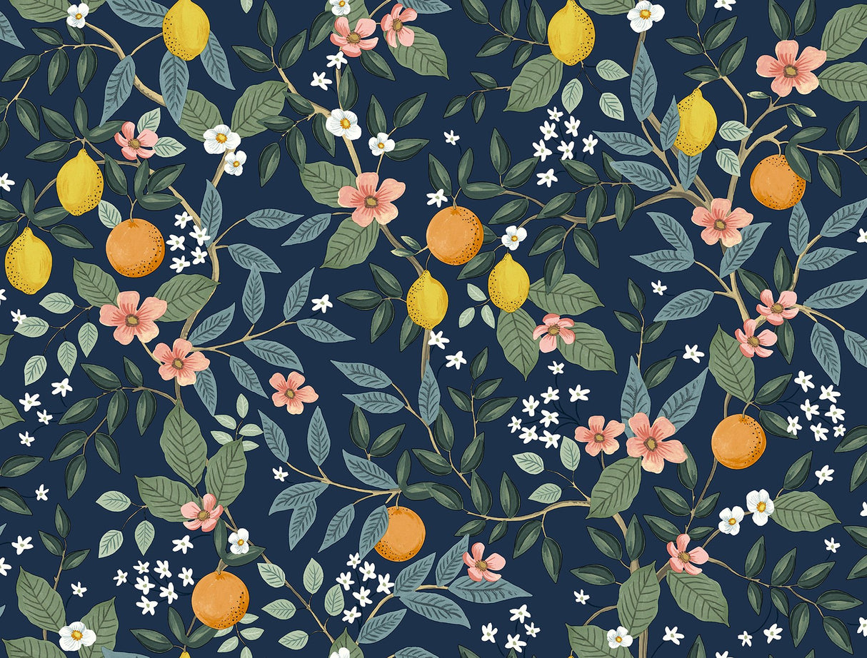 Citrus Grove Navy Peel & Stick Wallpaper with Botanical Citrus Motif - York PSW1481RL