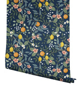 Citrus Grove Navy Peel & Stick Wallpaper with Botanical Citrus Motif - York PSW1481RL