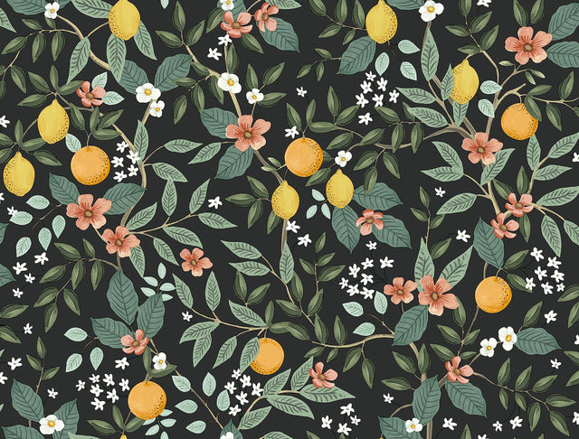 Citrus Grove Black Peel & Stick Wallpaper with Botanical Citrus Pattern - York PSW1482RL