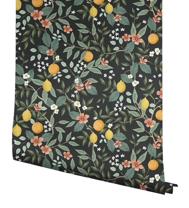 Citrus Grove Black Peel & Stick Wallpaper with Botanical Citrus Pattern - York PSW1482RL