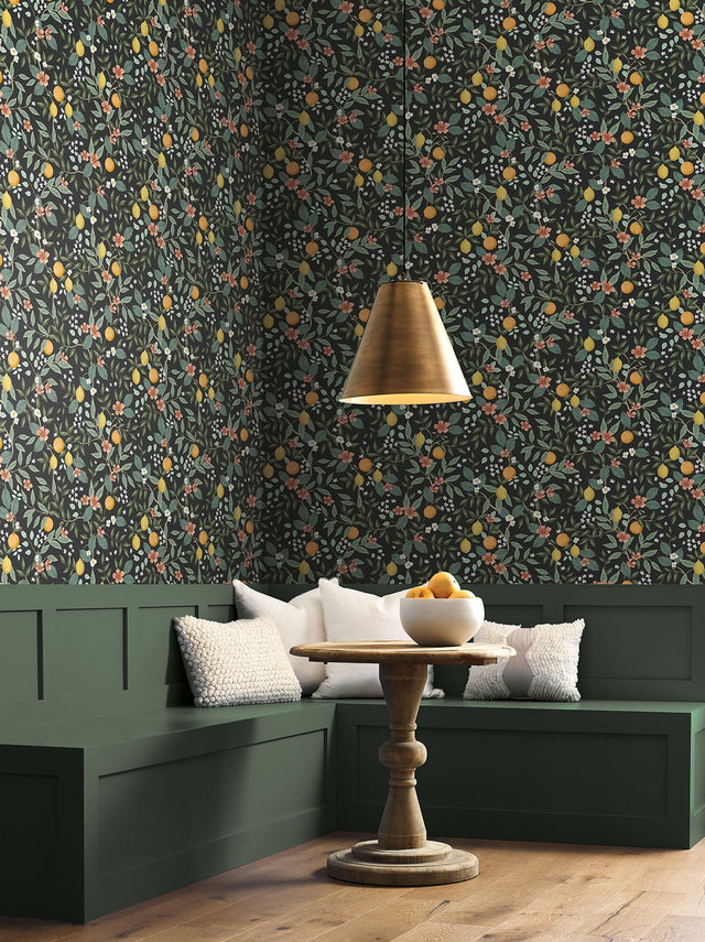 Citrus Grove Black Peel & Stick Wallpaper with Botanical Citrus Pattern - York PSW1482RL