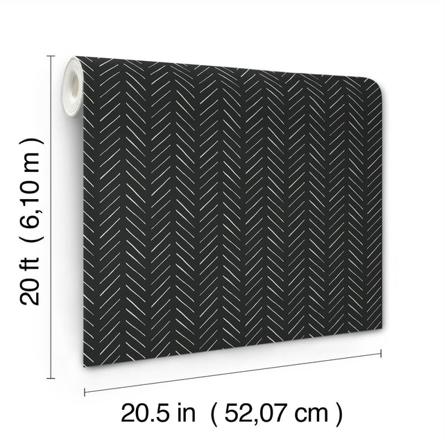 Pick Up Sticks Black Peel & Stick Non Woven Wallpaper with Bohemian Herringbone Stripe - York PSW1488RL