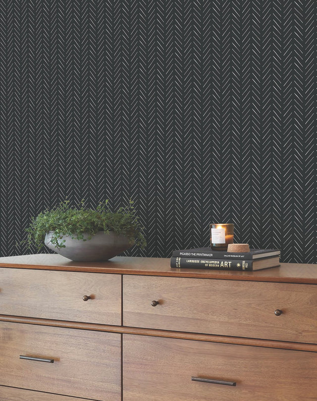 Pick Up Sticks Black Peel & Stick Non Woven Wallpaper with Bohemian Herringbone Stripe - York PSW1488RL