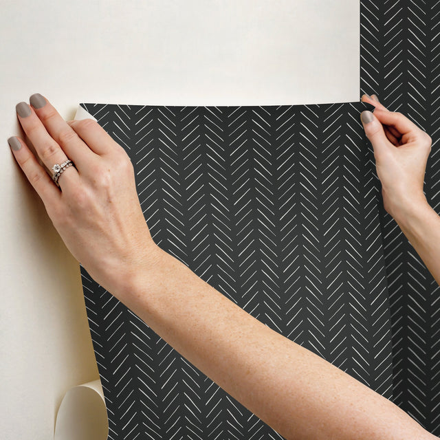 Pick Up Sticks Black Peel & Stick Non Woven Wallpaper with Bohemian Herringbone Stripe - York PSW1488RL