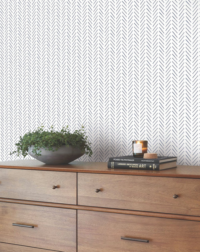 Pick Up Sticks Navy Peel & Stick Wallpaper with Bohemian Herringbone Stripe - York PSW1489RL