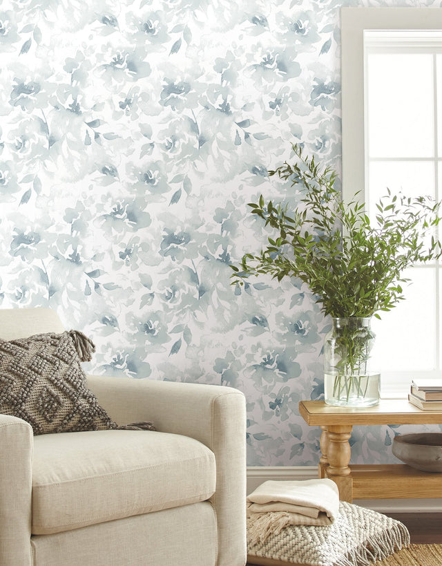 Renewed Floral Blue Peel & Stick Wallpaper with Watercolor Floral Pattern - Magnolia Home PSW1492RL