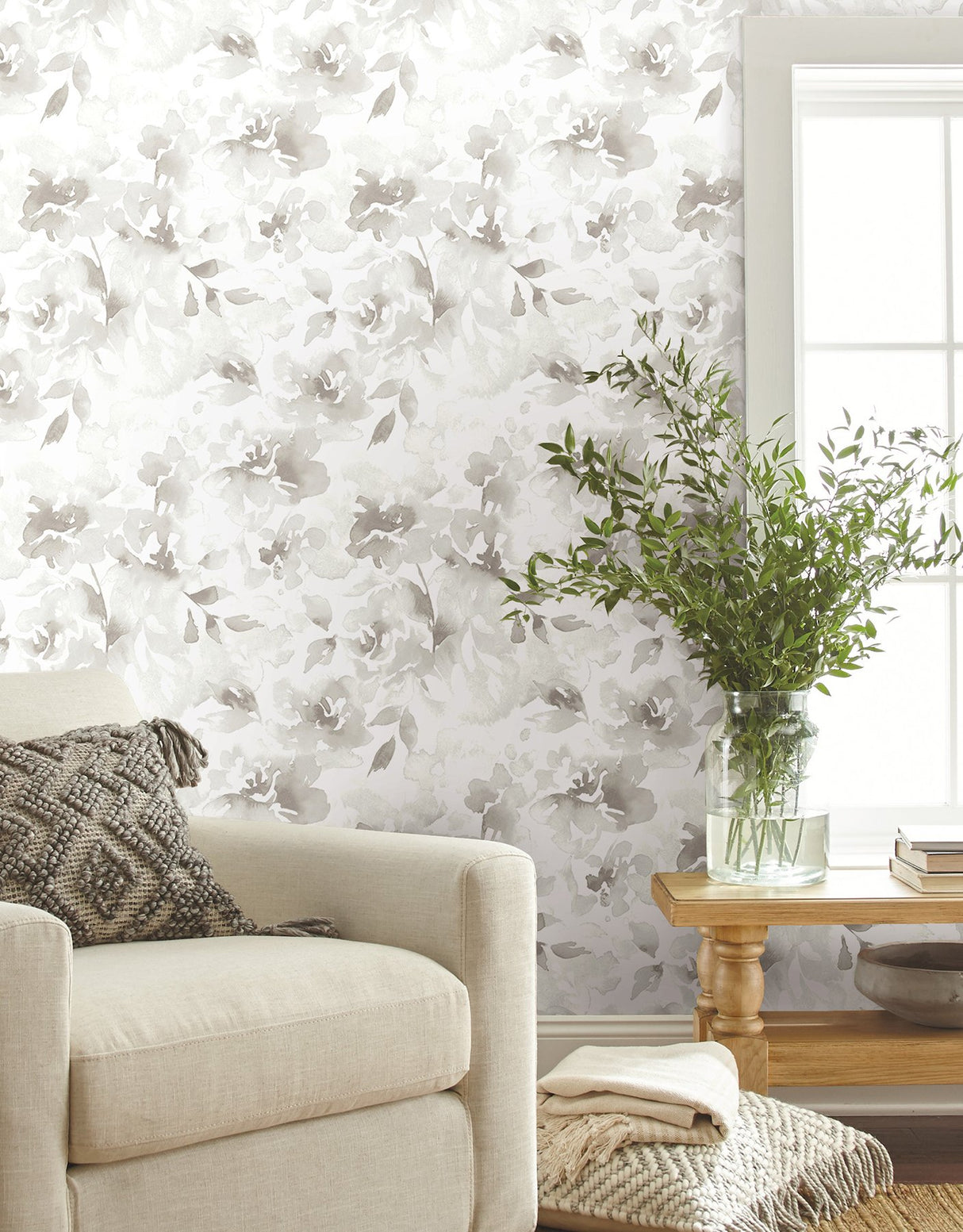 Renewed Floral Neutral Peel & Stick Wallpaper with Watercolor Floral Pattern - York PSW1495RL