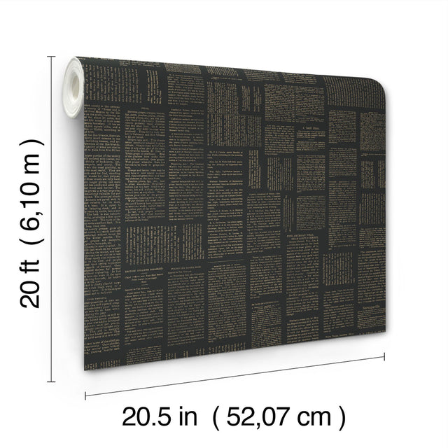 Crafted Editorial Black & Gold Metallic Peel & Stick Wallpaper with Words & Letters Pattern - York PSW1496RL