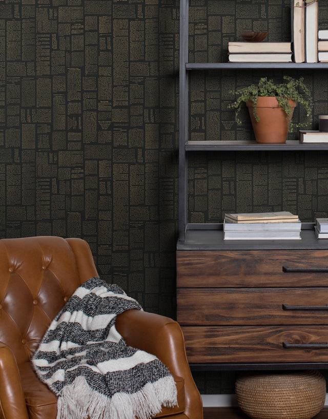 Crafted Editorial Black & Gold Metallic Peel & Stick Wallpaper with Words & Letters Pattern - York PSW1496RL