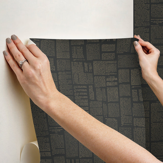 Crafted Editorial Black & Gold Metallic Peel & Stick Wallpaper with Words & Letters Pattern - York PSW1496RL