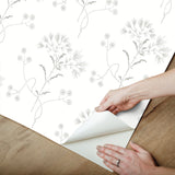 Wildflower Grey Peel & Stick Non Woven Wallpaper with Delicate Floral Motif - York PSW1502RL