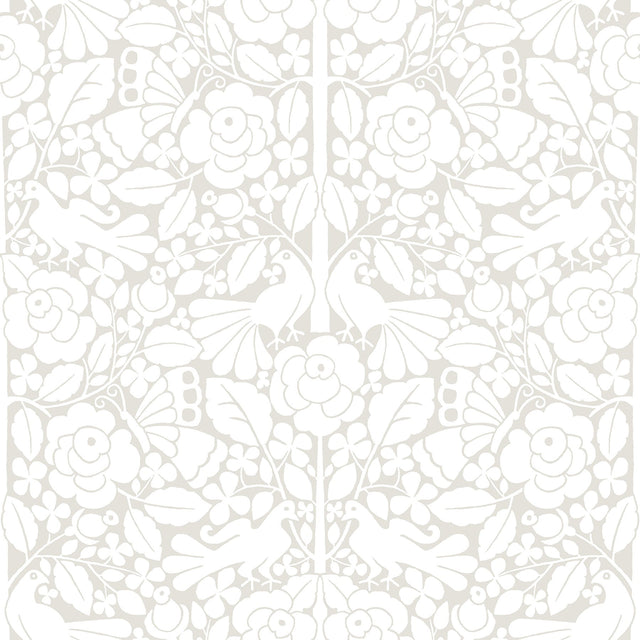 Fairy Tales Beige Peel & Stick Wallpaper with Folk Art Birds, Butterflies & Floral Motif - York PSW1505RL