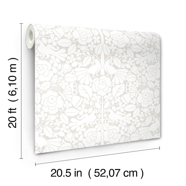 Fairy Tales Beige Peel & Stick Wallpaper with Folk Art Birds, Butterflies & Floral Motif - York PSW1505RL