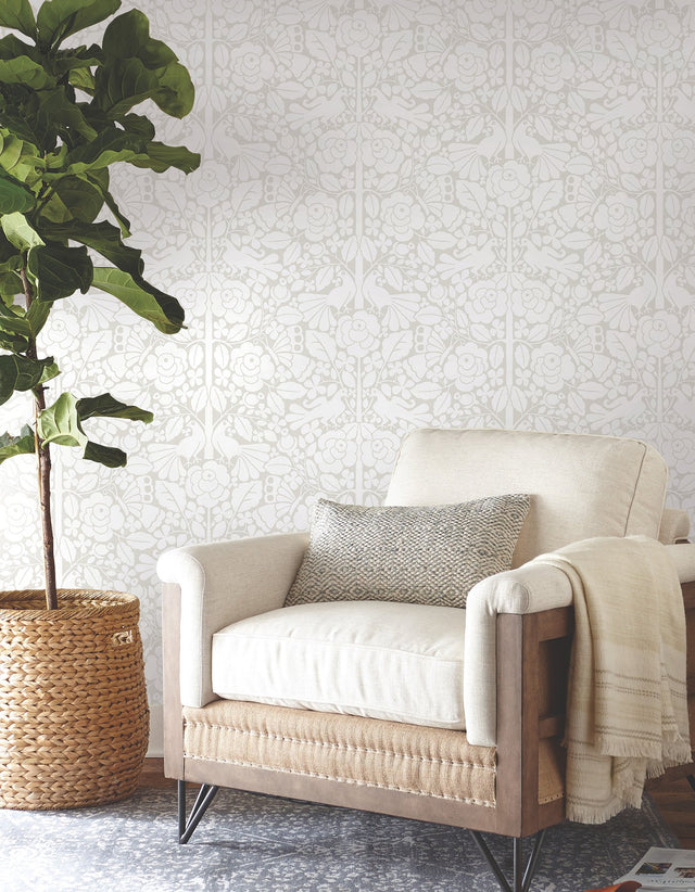Fairy Tales Beige Peel & Stick Wallpaper with Folk Art Birds, Butterflies & Floral Motif - York PSW1505RL