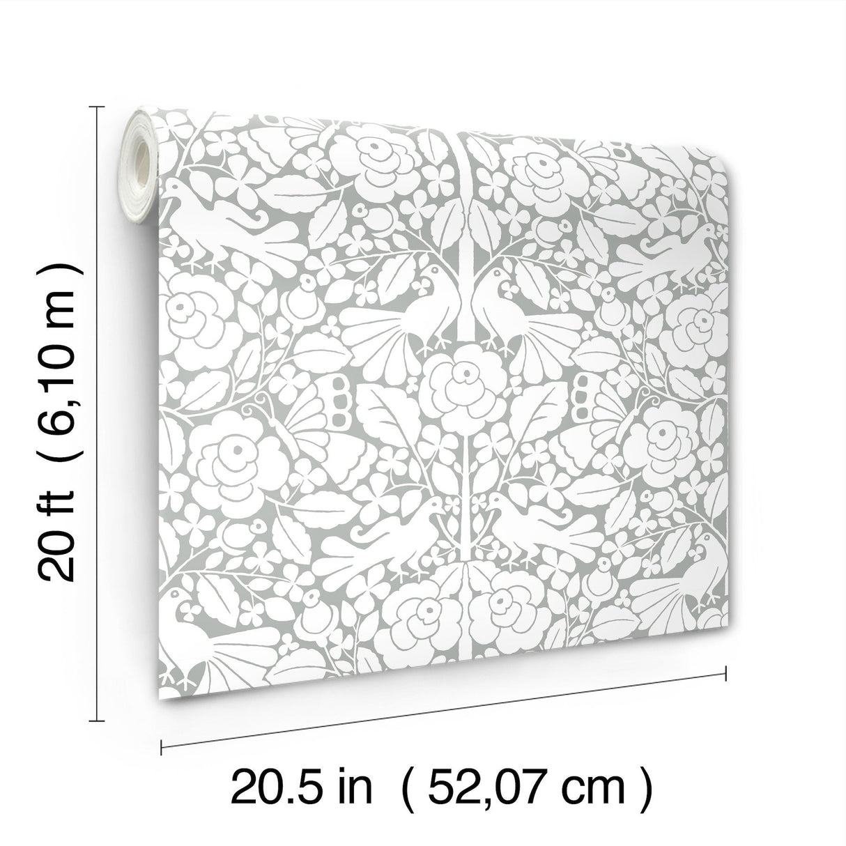 Fairy Tales Grey Peel & Stick Wallpaper with Folk Art Birds & Floral Pattern - York PSW1506RL