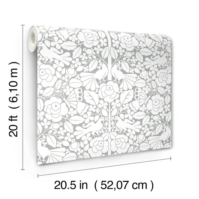 Fairy Tales Grey Peel & Stick Wallpaper with Folk Art Birds & Floral Pattern - York PSW1506RL
