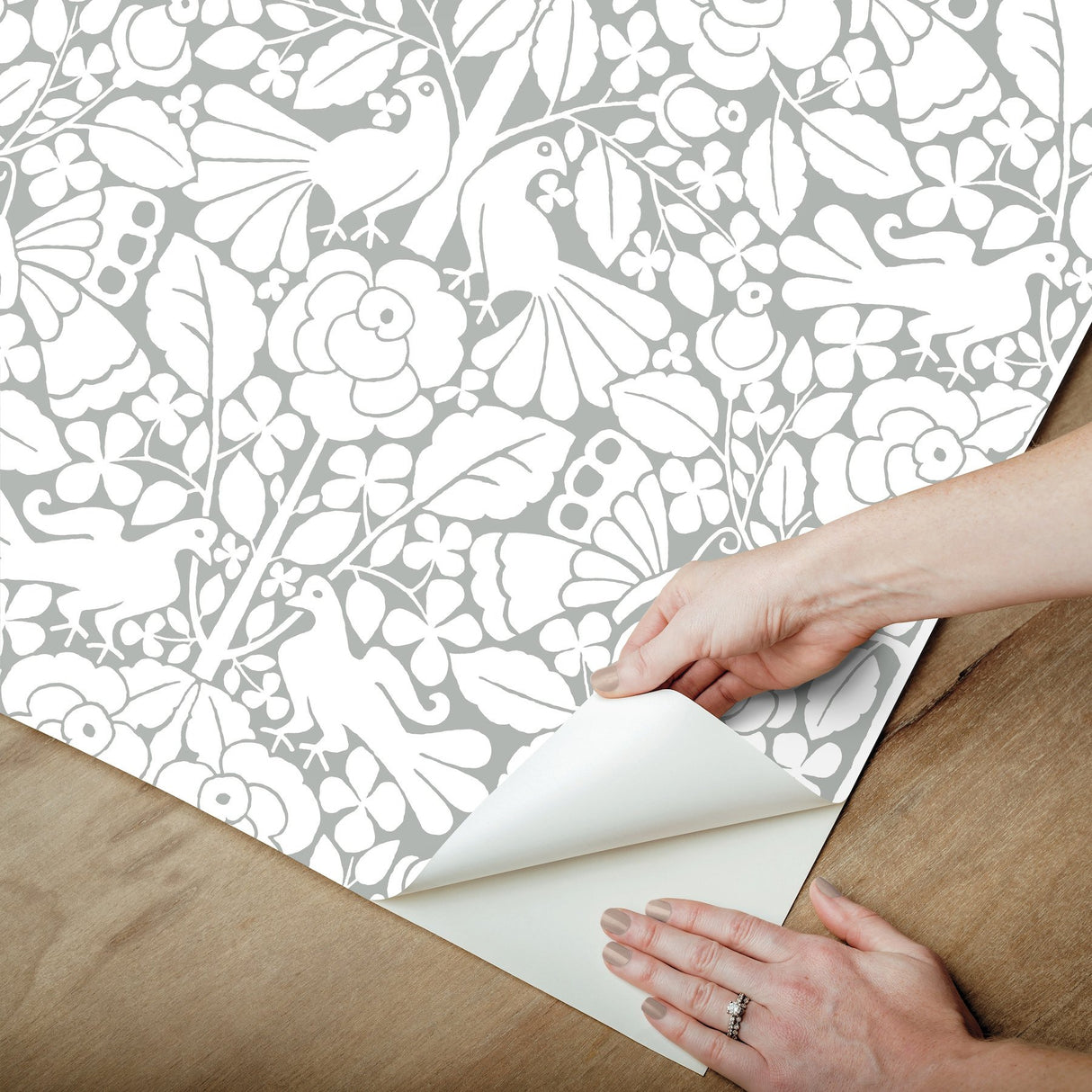 Fairy Tales Grey Peel & Stick Wallpaper with Folk Art Birds & Floral Pattern - York PSW1506RL