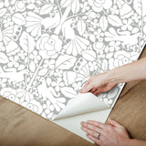 Fairy Tales Grey Peel & Stick Wallpaper with Folk Art Birds & Floral Pattern - York PSW1506RL